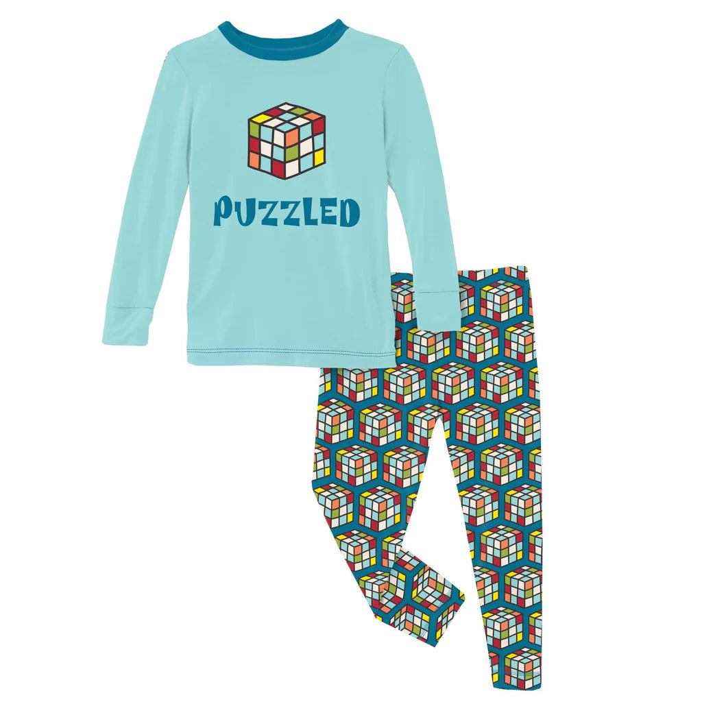 Cerulean Blue Puzzle Cube Long Sleeve Graphic Tee Pajama Set