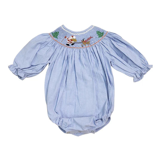 Santas Coming Blue Chambray Smocked Bubble