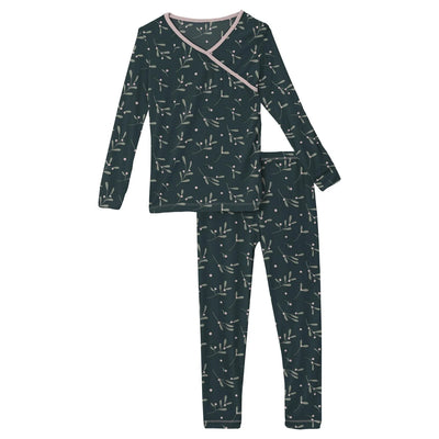 Pine Mistletoe Print Long Sleeve Kimono Pajama Set