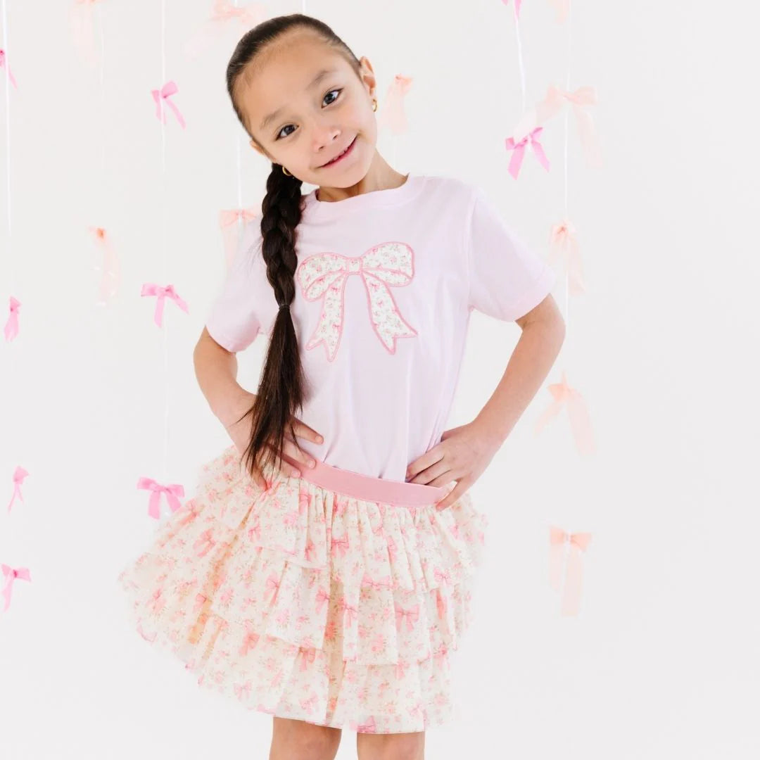 Ditsy Floral Bow Patch Short Sleeve T-Shirt - Ballet
