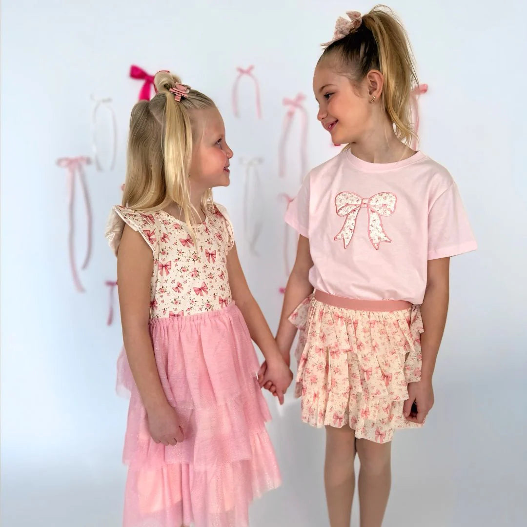 Ditsy Floral Bow Patch Short Sleeve T-Shirt - Ballet