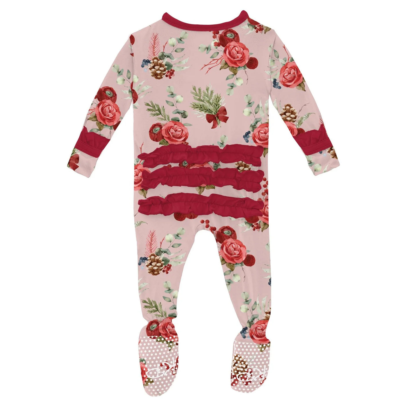 Print Layette Ruffle Footie with 2 Way Zipper- Baby Rose Holiday Floral
