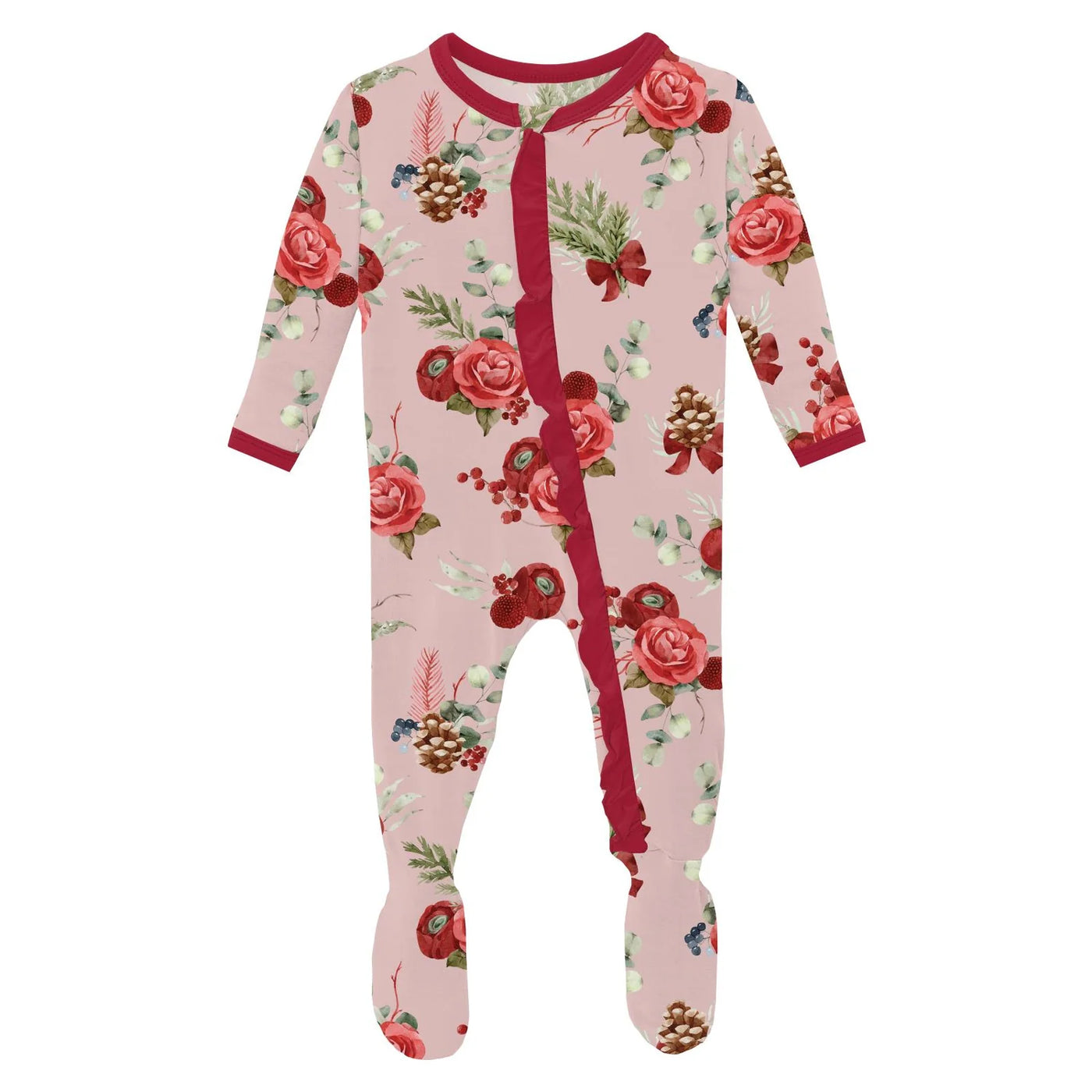 Print Layette Ruffle Footie with 2 Way Zipper- Baby Rose Holiday Floral