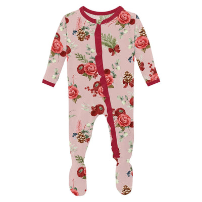 Print Layette Ruffle Footie with 2 Way Zipper- Baby Rose Holiday Floral