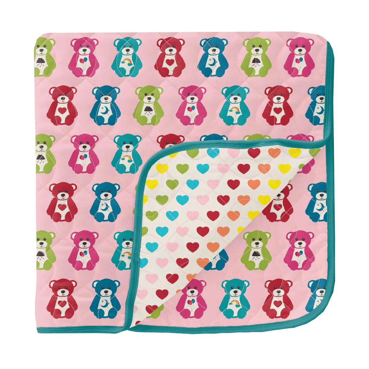 Print Quilted Toddler Blanket in Lotus Happy Teddy/Rainbow Hearts