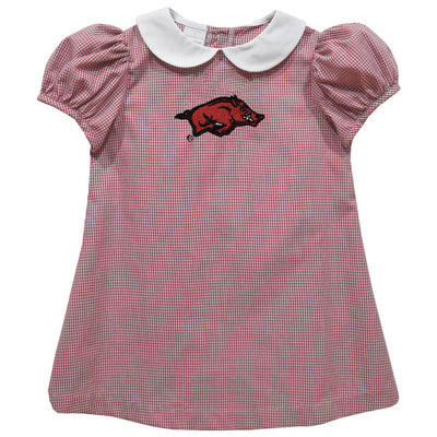 Arkansas Razorback Embroidered Red Gingham Short Sleeve A Line Dress