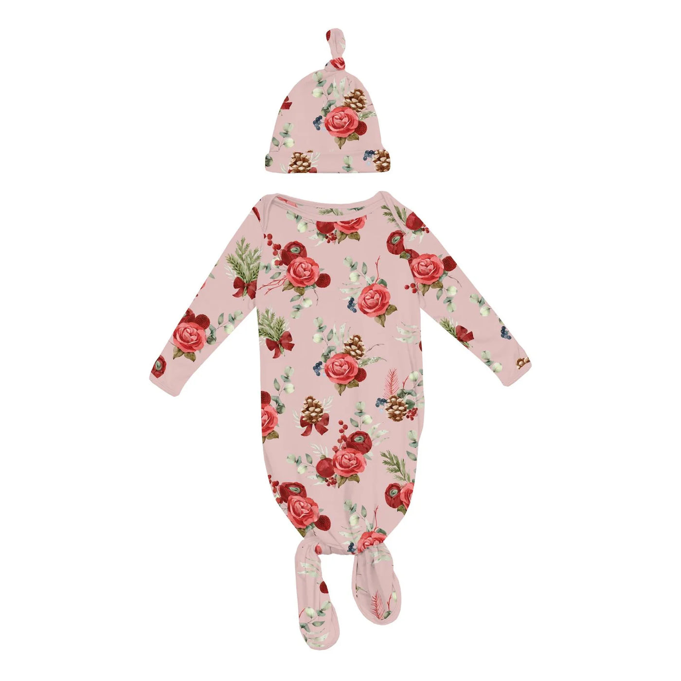 Print Knotted Layette Gown & Hat Set- Baby Rose Holiday Floral