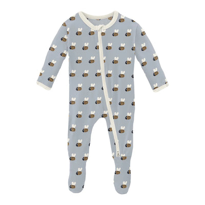 Pearl Blue Baby Bumblebee Print Footie with 2 Way Zipper