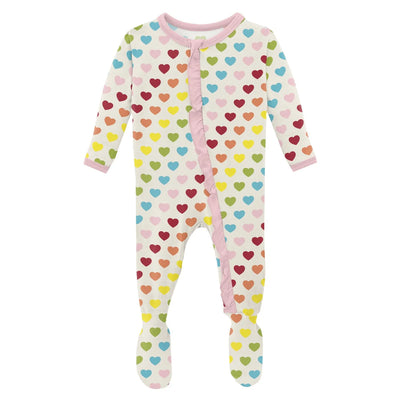 Rainbow Hearts Print Classic Ruffle Footie with 2 Way Zipper