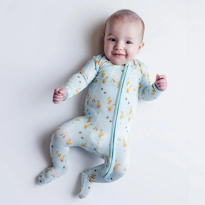 Print Footie with 2 Way Zipper- Spring Sky Feeding Ducks