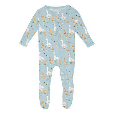 Print Footie with 2 Way Zipper- Spring Sky Feeding Ducks