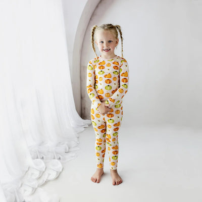 Print Long Sleeve Pajama Set in Baby Rose Pumpkin Patch