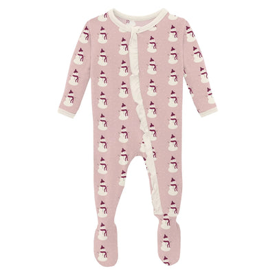Baby Rose Tiny Snowman Print Classic Ruffle Footie with 2 Way Zipper