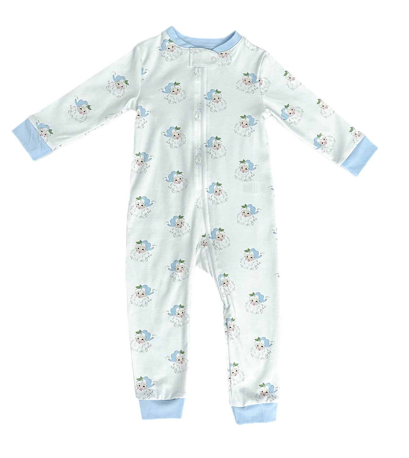 One Piece Zip Up Jammies, Blue Santa Pima Knit