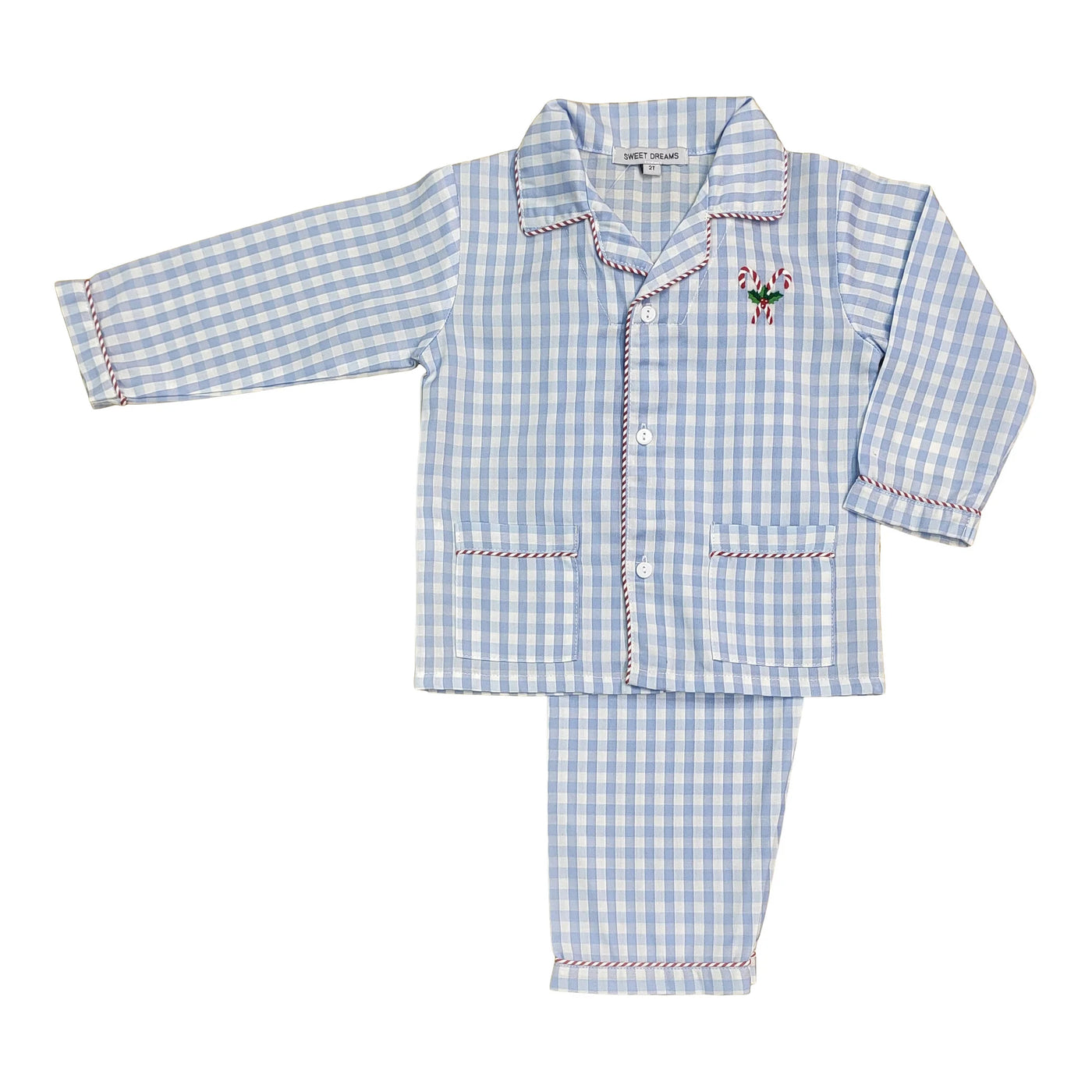 Candy Cane Embroidered Blue Gingham Pajamas