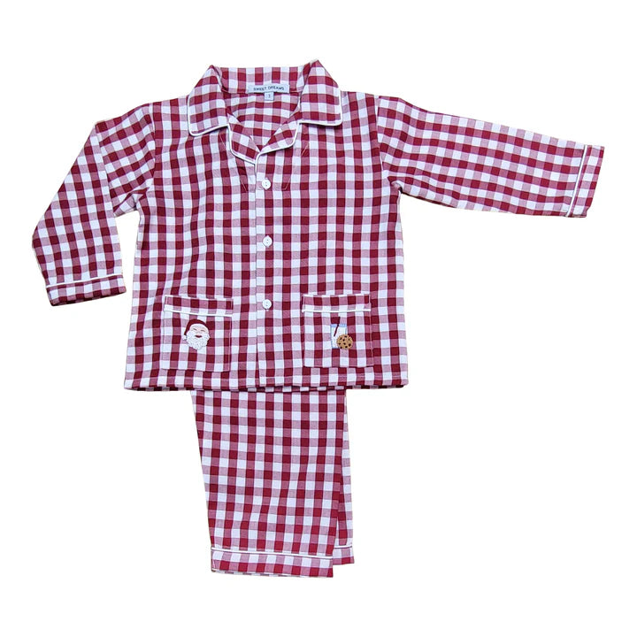 Red Gingham Pajamas with Embroidered Santa with Milk and Cookies