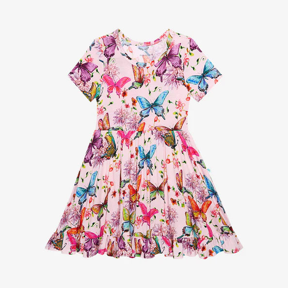 Watercolor Butterfly - Short Sleeve Ruffled Twirl Dress