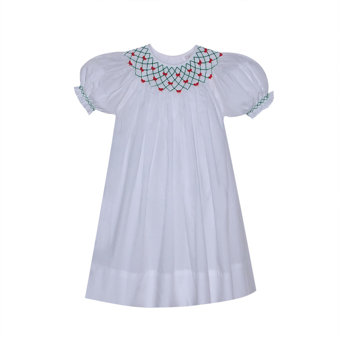 Red and Green Christmas Smocked White Beatrice Bishop Dress Southern Style Red and Green Christmas Smocked White Beatrice Bishop Dress Southern Style