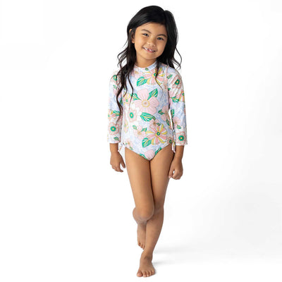 Retro Floral Girls Long Sleeve One Piece Swimsuit