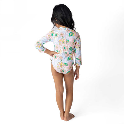 Retro Floral Girls Long Sleeve One Piece Swimsuit