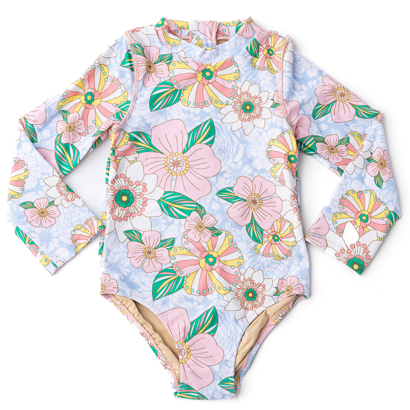 Retro Floral Girls Long Sleeve One Piece Swimsuit