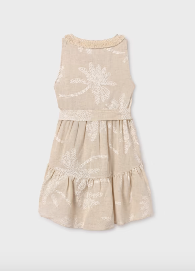 Linen Dress with Palm Print- Natural Linen