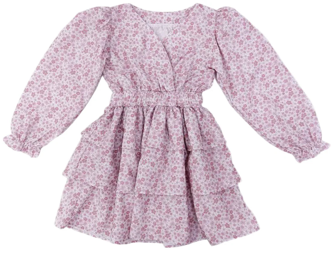 Pink Floral Long Sleeve Tiered Dress