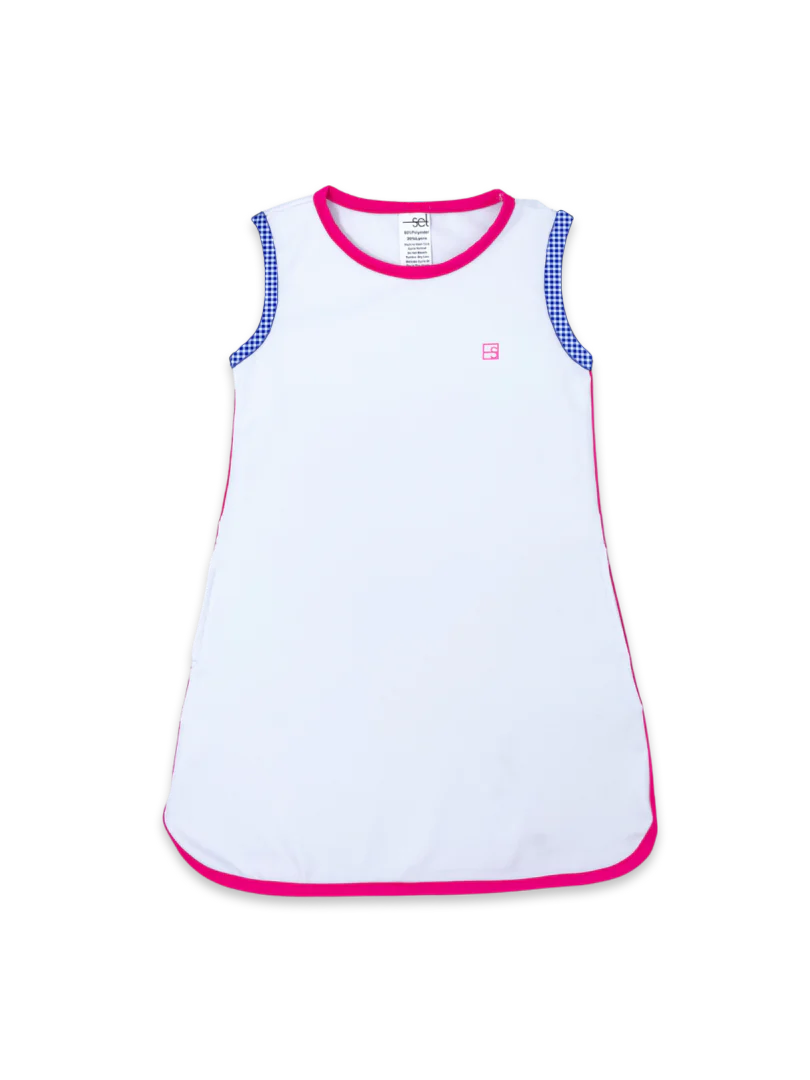 White Tinsley Tennis Dress with Royal Mini Gingham & Hot Pink