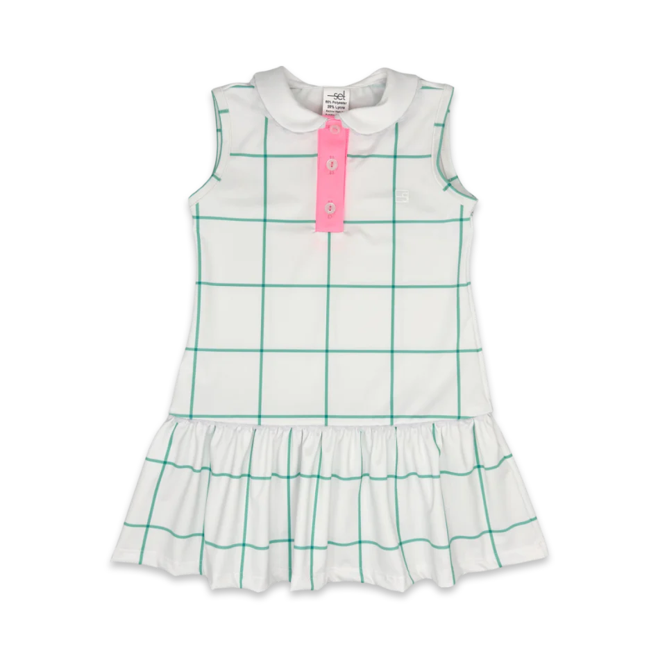 Darla Dress- Mint Windowpane, Flamingo Pink