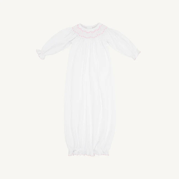 Worth Avenue White with Palm Beach Pink Sweetly Smocked Greeting Gown
