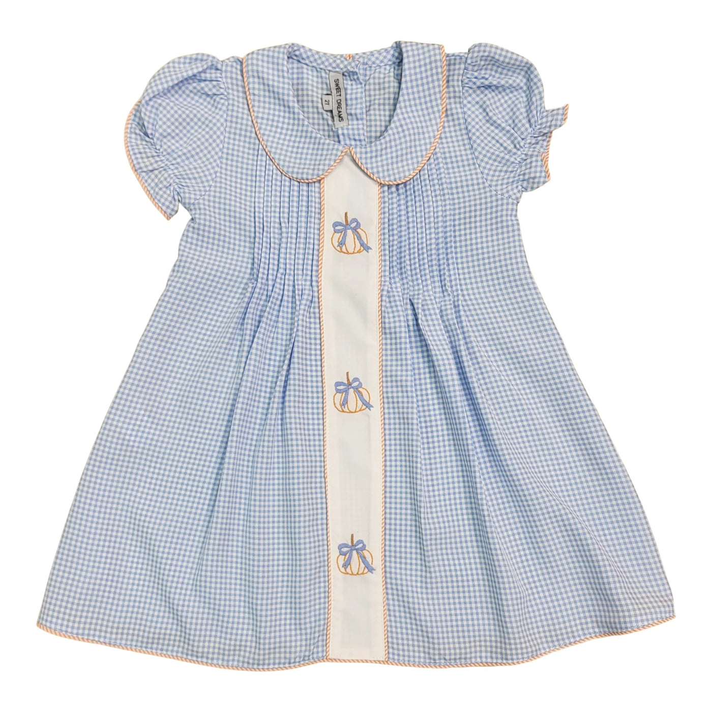 Blue Gingham Embroidered Pumpkin/Bow Dress