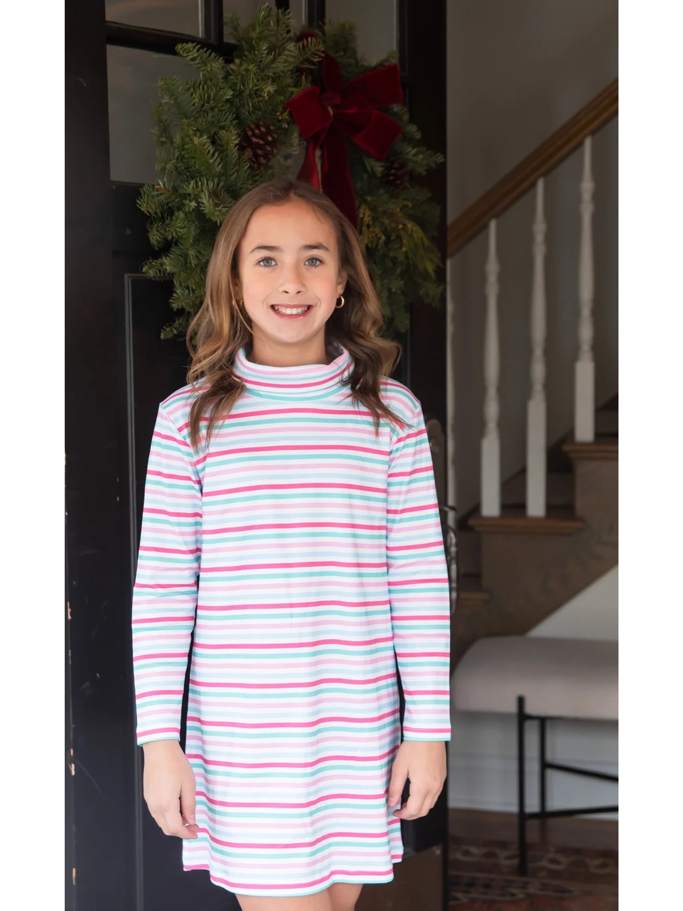 Teagan Turtleneck Dress, Stripe Knit