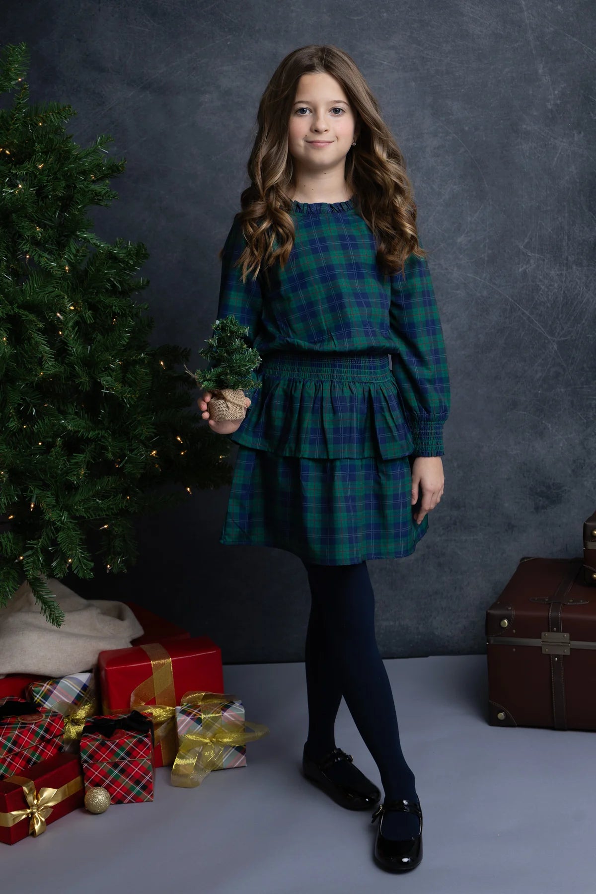Holiday Plaid Tiered Long Sleeve Dress