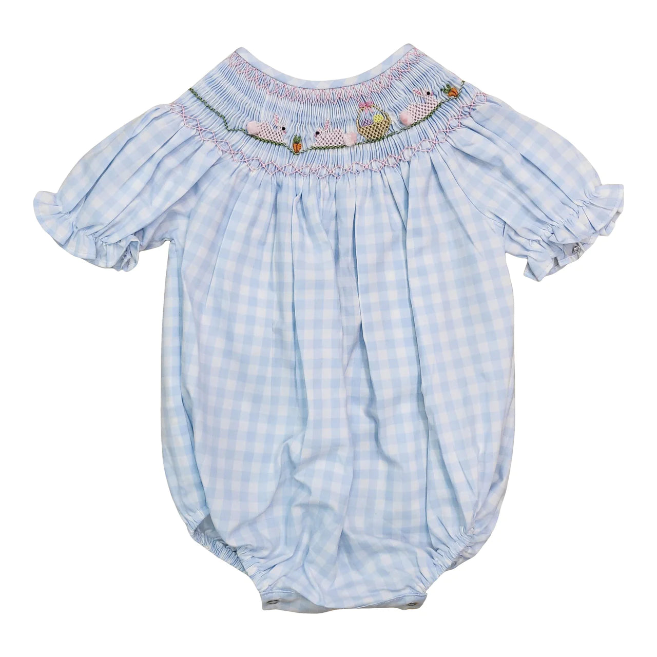 Bunny and Basket Blue Gingham Smocked Bubble