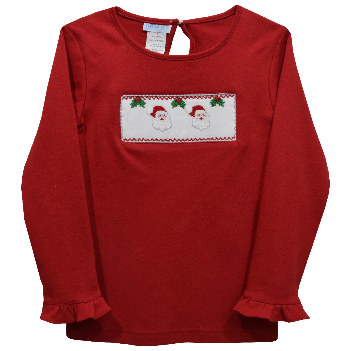 Santa Faces Smocked Red Knit Ruffle Long Sleeve T-Shirt