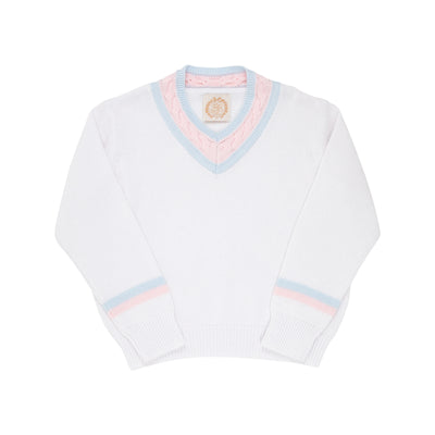 Worth Avenue White With Buckhead Blue & Palm Beach Pink Vivie June V-Neck Sweater