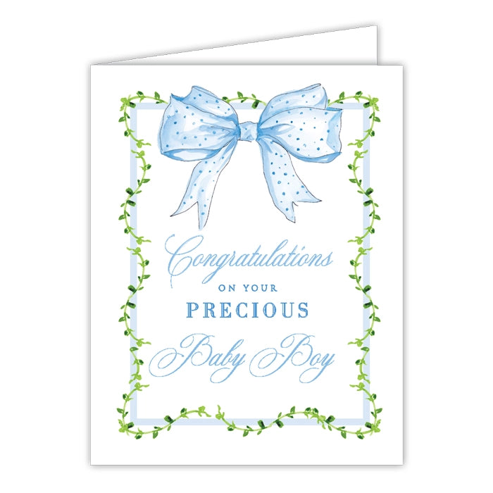 Congratulations On Precious Baby Boy Blue Bow Greeting Card