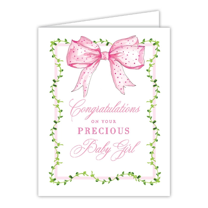 Congratulations On Your Precious Baby Girl Pink Bow Greeting Card