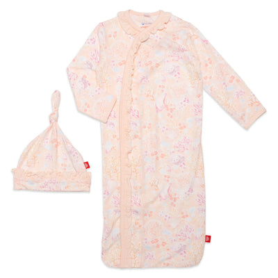 Coral Floral Modal Magnetic Cozy Sleeper Gown + Hat Set with Ruffles
