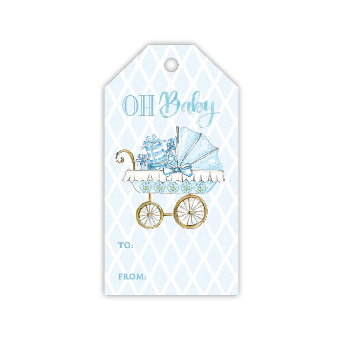 Handpainted Blue Baby Carriage Gift Tag