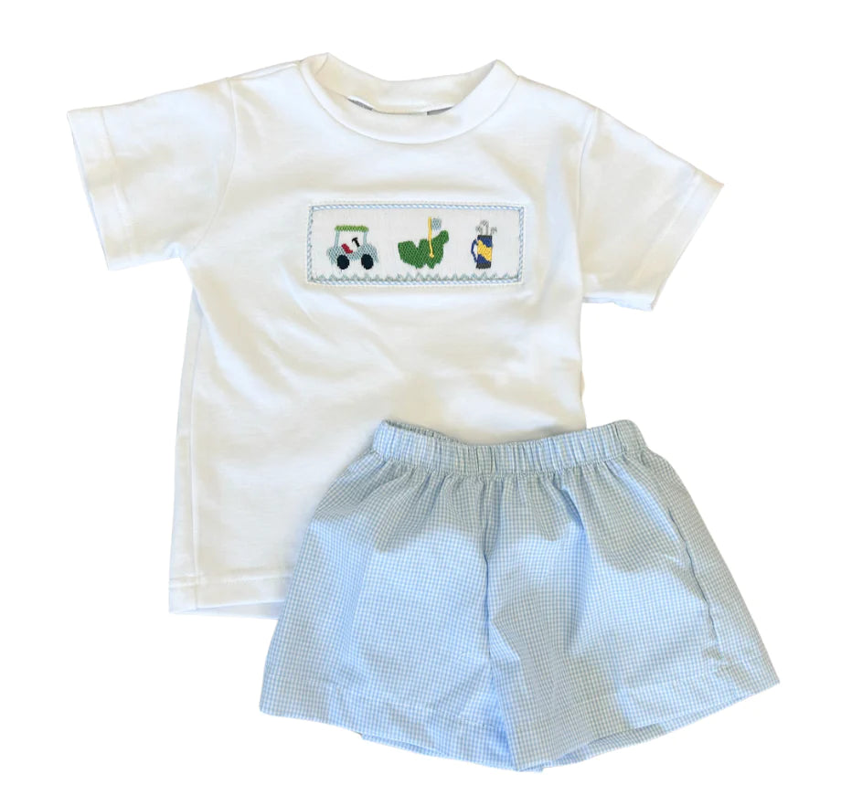 Light Blue GIngham Smocked Golf Short Set