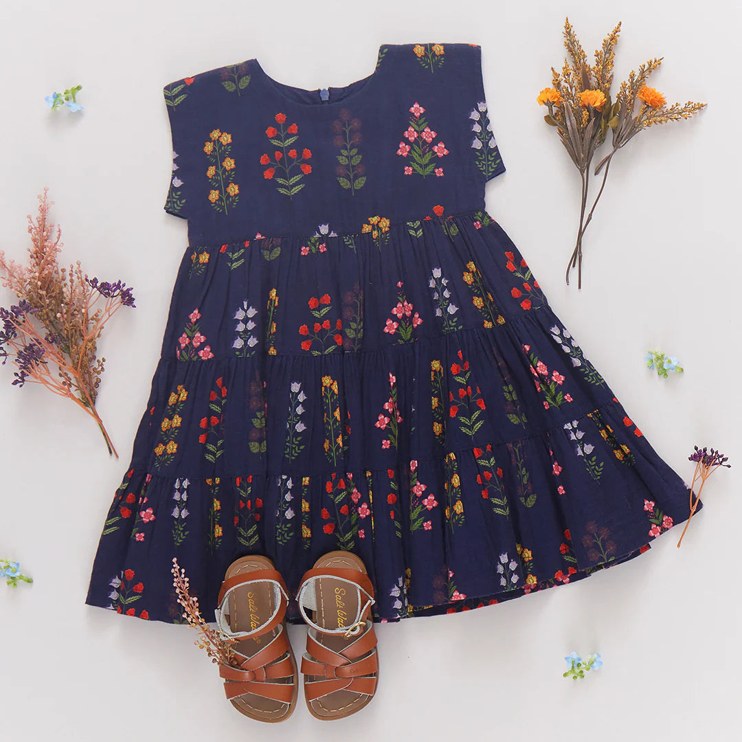 Navy Field Floral Girls Peachy Dress