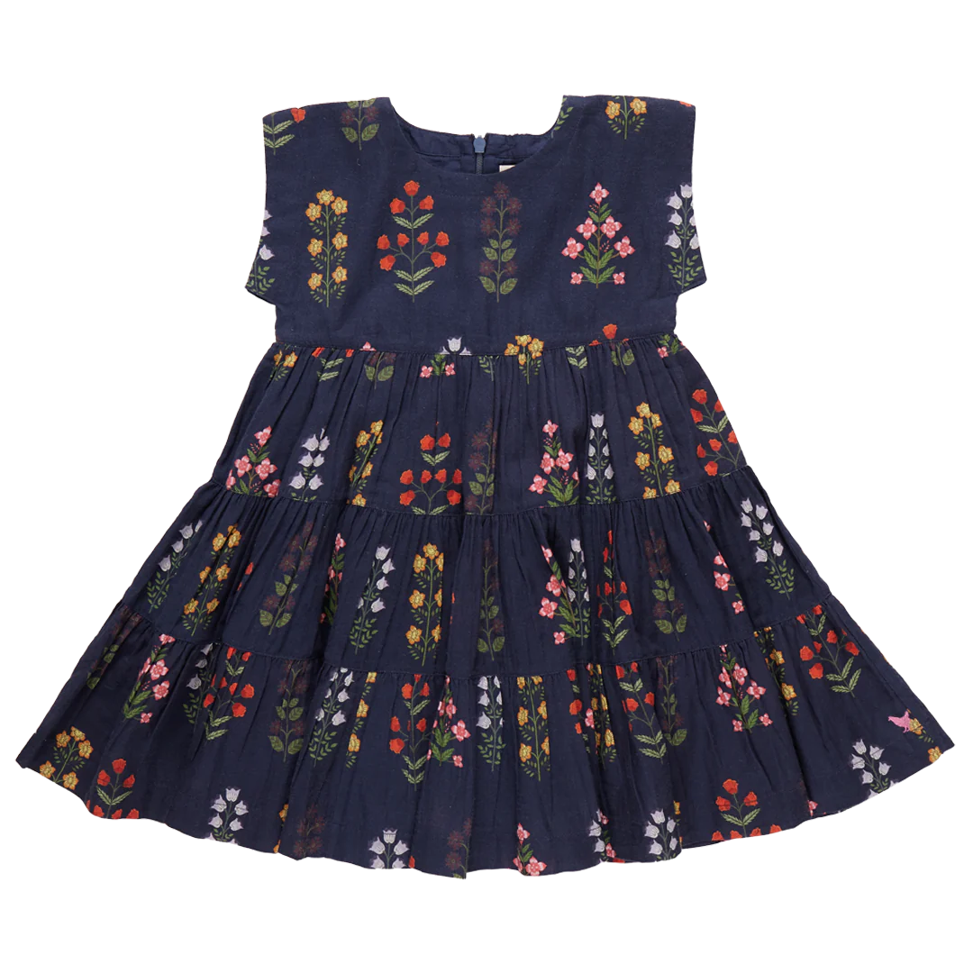 Navy Field Floral Girls Peachy Dress