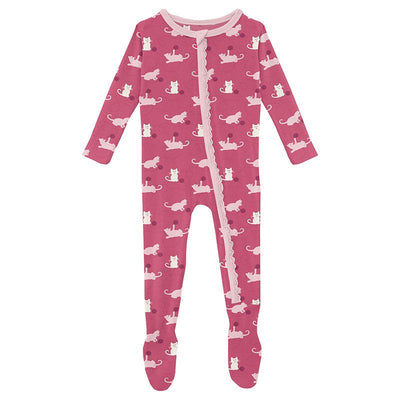 Print Muffin Ruffle Footie with Zipper in Winter Rose Kitty