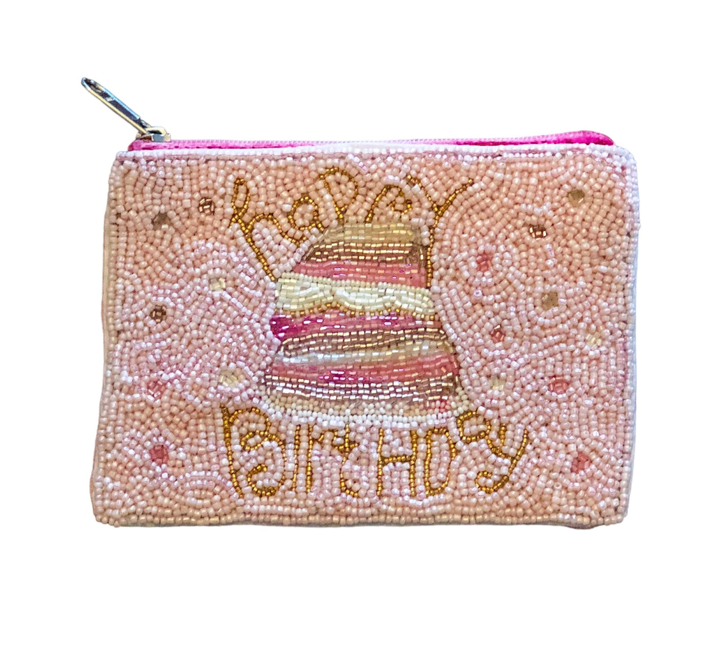 Pink Happy Birthday Beaded Coin Purse