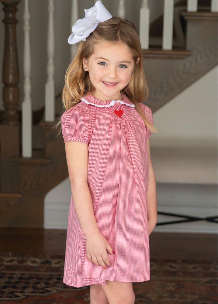 Red Gingham Heart Sage Smocked Dress