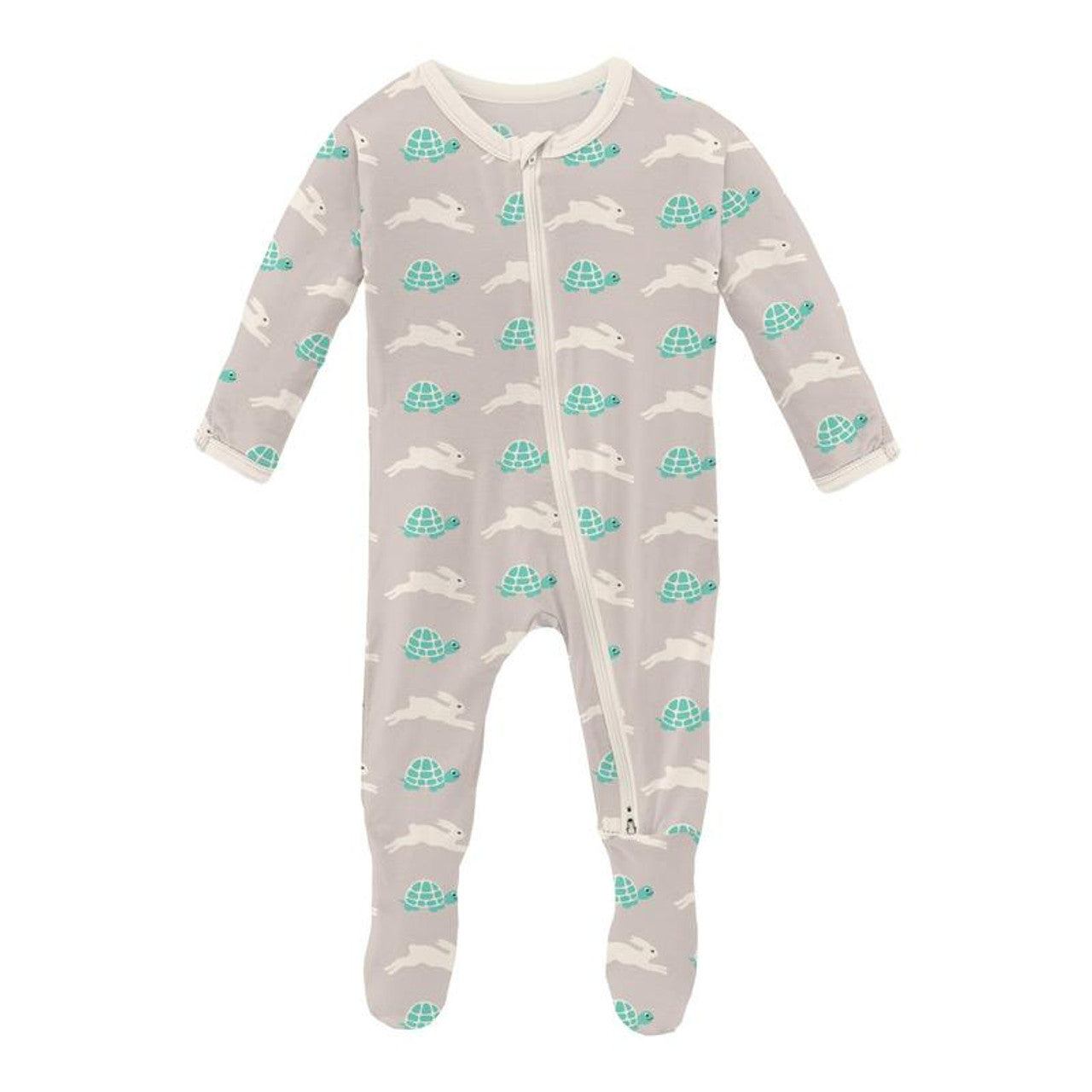 Latte Tortoise and Hare Print Footie with 2 Way Zipper