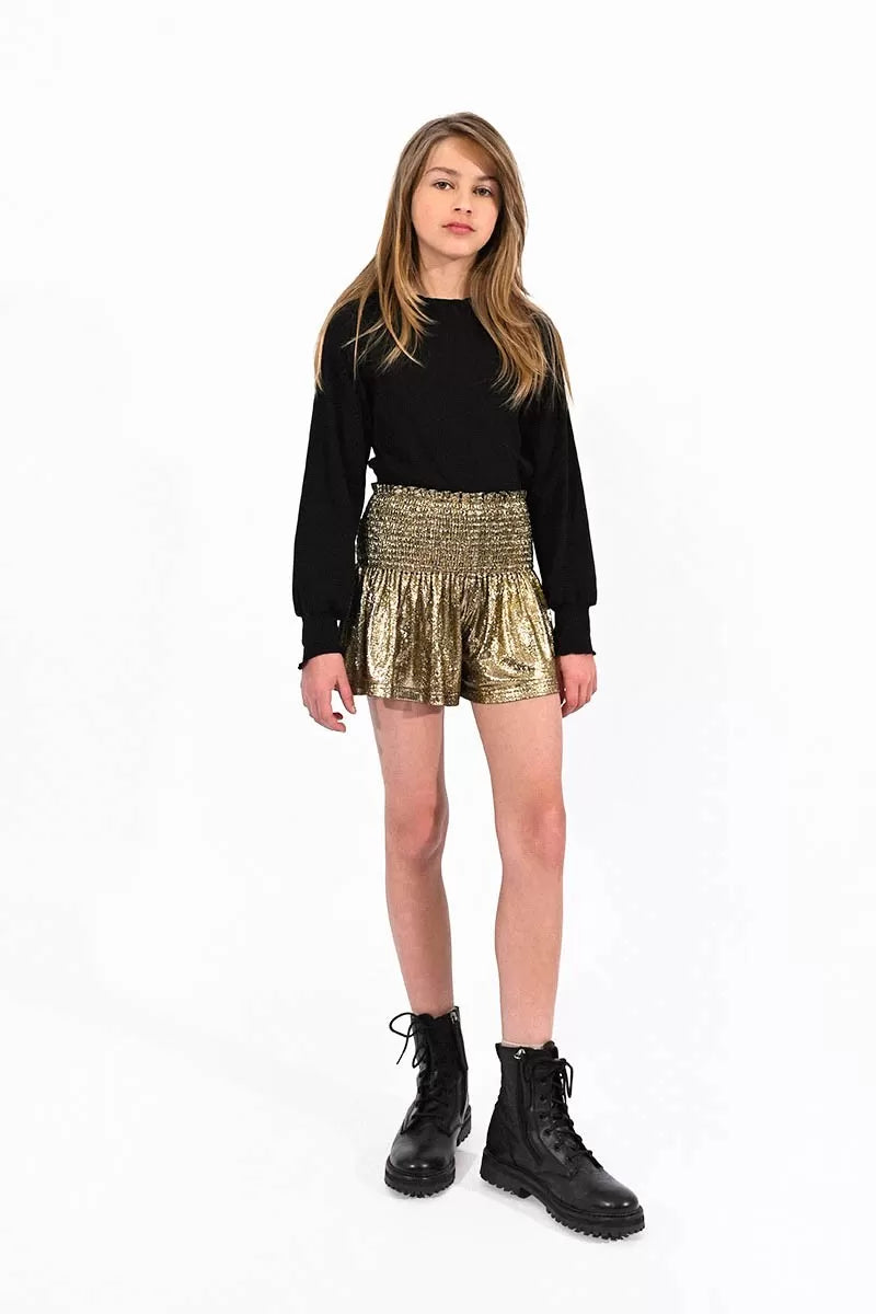 Gold Lamé Shorts with Smocked Waistband