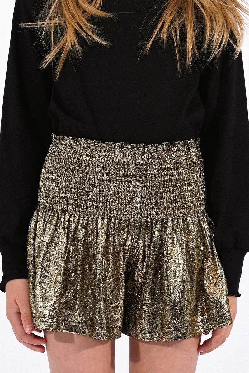 Gold Lamé Shorts with Smocked Waistband