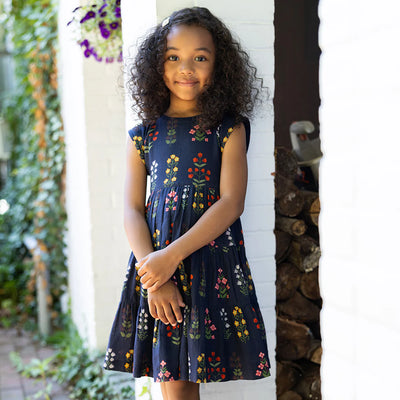 Navy Field Floral Girls Peachy Dress